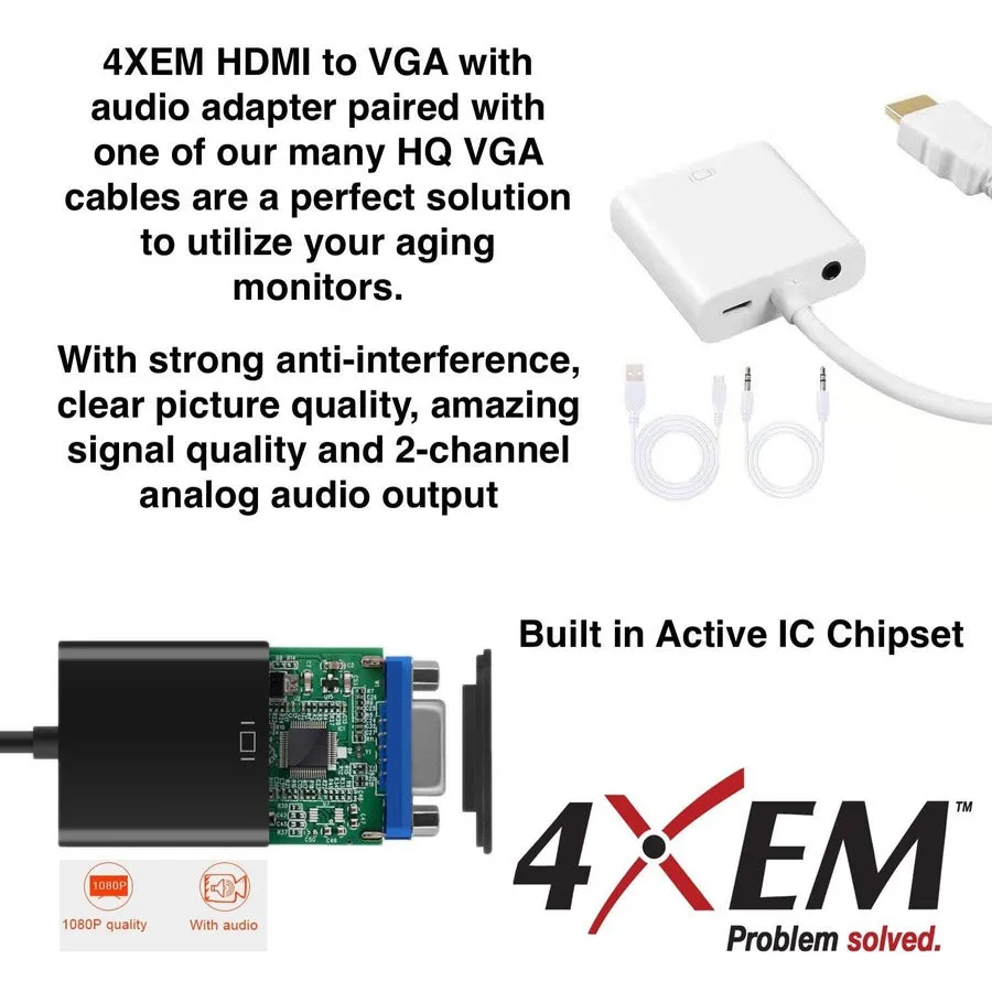 4XEM HDMI to VGA Adapter With 3.5mm Audio Cable and Power- White 4XHDMIVGAAP