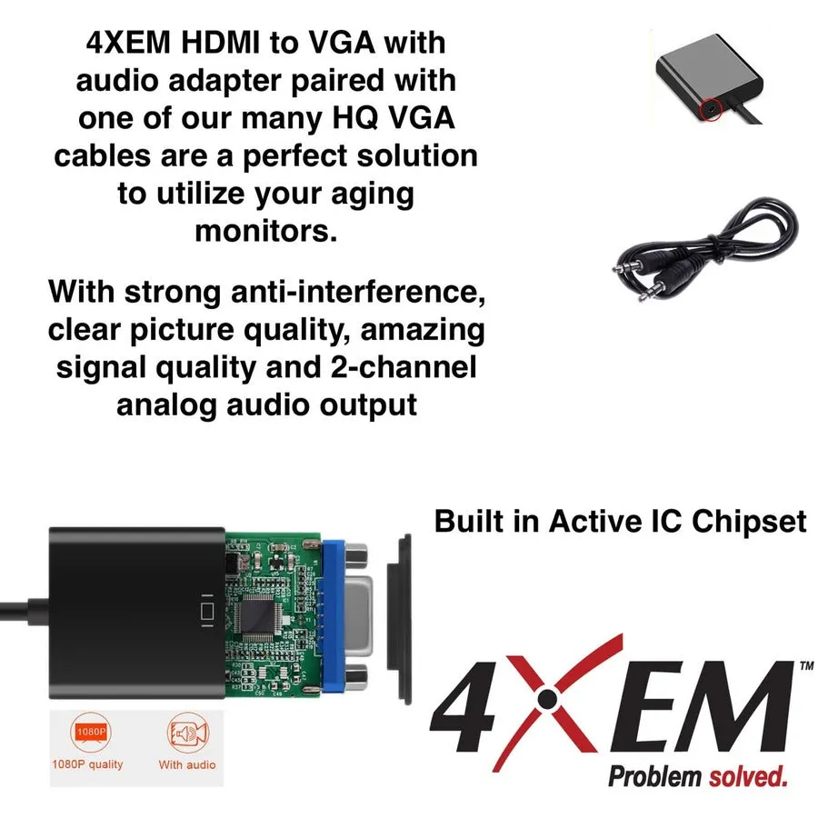 4XEM HDMI to VGA Adapter With 3.5mm Audio Cable- Black 4XHDMIVGAAB