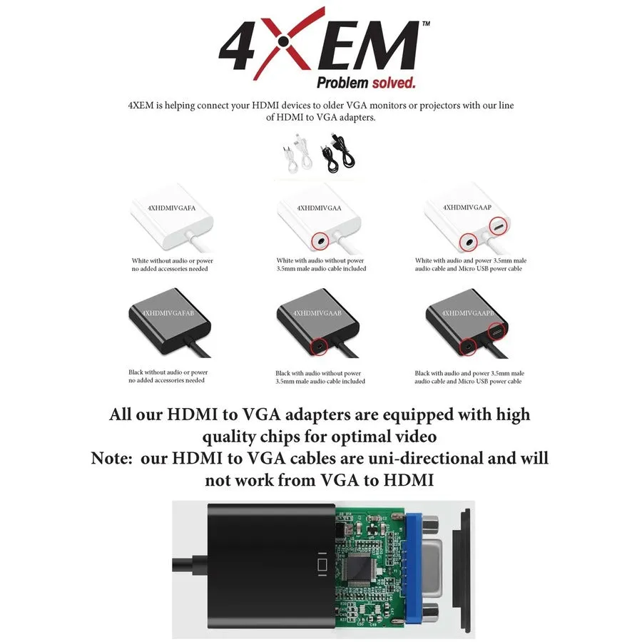 4XEM HDMI to VGA Adapter With 3.5mm Audio Cable- Black 4XHDMIVGAAB