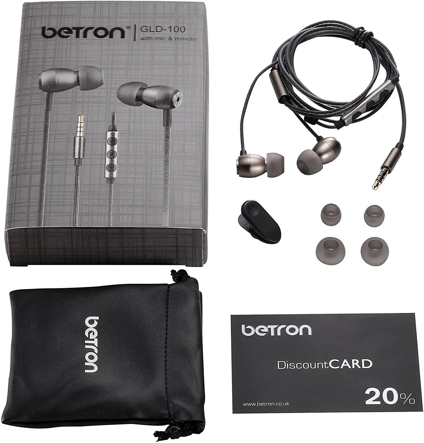 Betron GLD100 Earphone with Mic Volume Control Noise Isolating With 3 Different Sized Earbuds Black