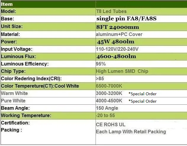 Fa8 Single Pin T8 LED 8ft 72w 10,944 Lumens CLEAR LENS (NO RF) V-Series Dual-Row