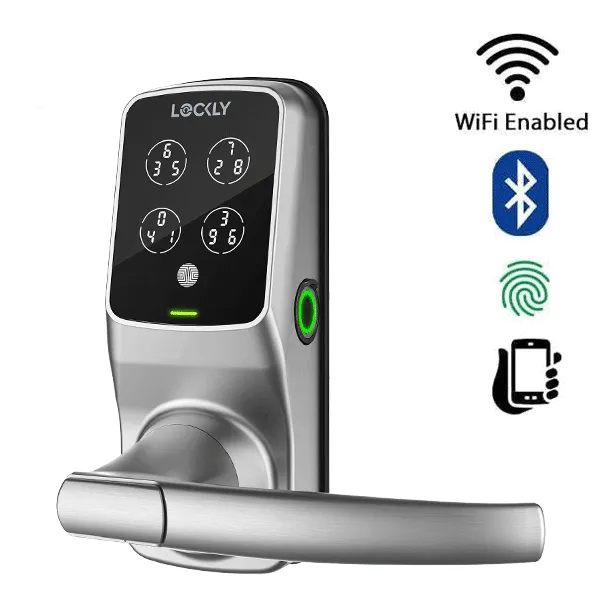 Lockly - PGD628FSN - Secure PLUS Fingerprint Biometric Electronic Latch Lever Set - Keypad-Bluetooth App Controlled - Satin Nickel