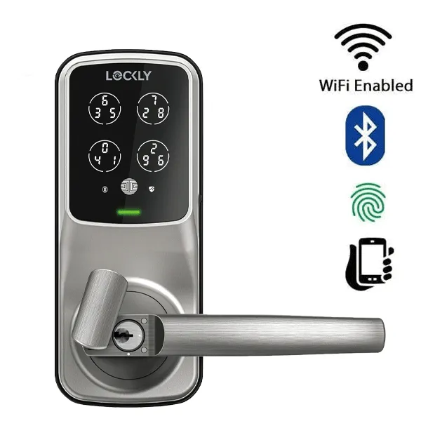 Lockly - PGD628FSN - Secure PLUS Fingerprint Biometric Electronic Latch Lever Set - Keypad-Bluetooth App Controlled - Satin Nickel