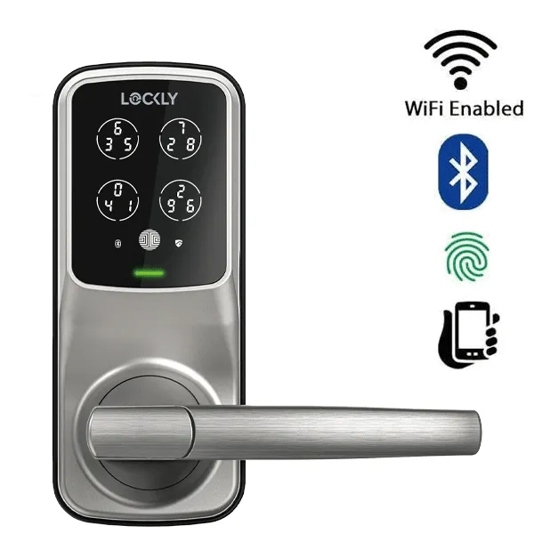 Lockly - PGD628WSN - Secure PRO Wi-Fi - Bluetooth App Controlled - Fingerprint Biometric Electronic Latch Lever Set - Includes Wi-Fi Hub -  Satin Nickel