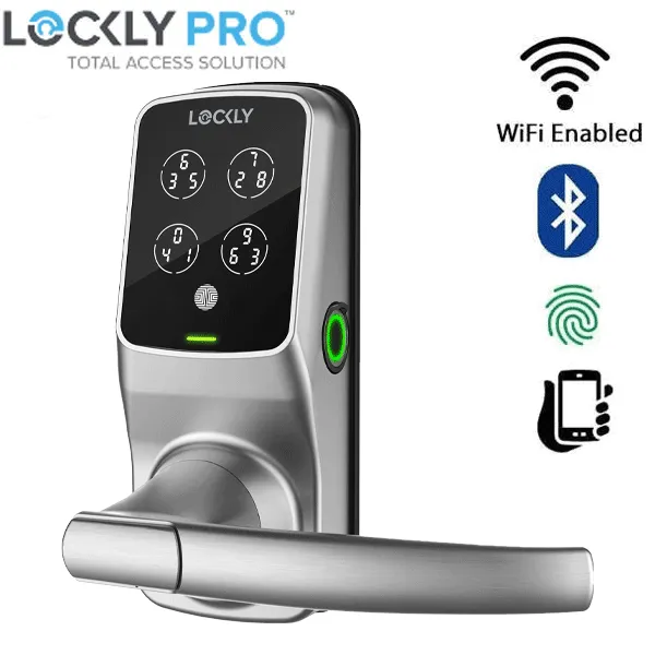 Lockly - PGD628WSN - Secure PRO Wi-Fi - Bluetooth App Controlled - Fingerprint Biometric Electronic Latch Lever Set - Includes Wi-Fi Hub -  Satin Nickel