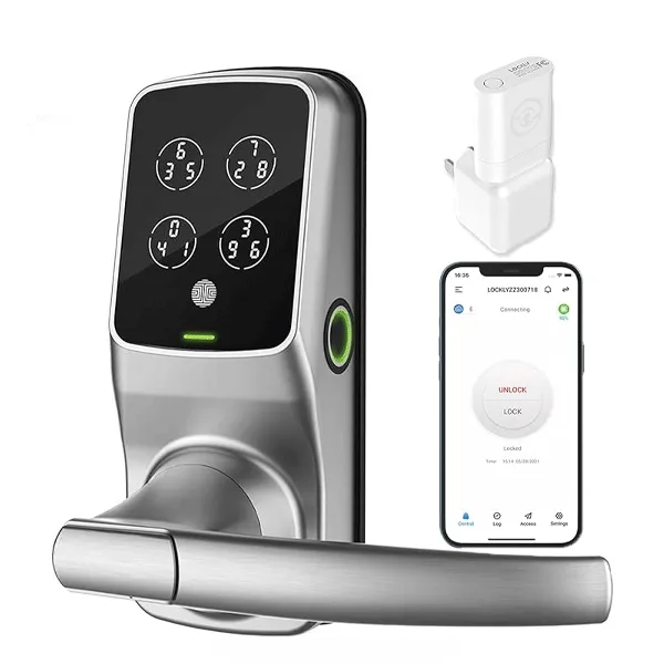 Lockly - PGD628WSN - Secure PRO Wi-Fi - Bluetooth App Controlled - Fingerprint Biometric Electronic Latch Lever Set - Includes Wi-Fi Hub -  Satin Nickel