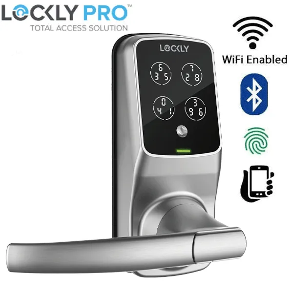 Lockly - PGD628WSN - Secure PRO Wi-Fi - Bluetooth App Controlled - Fingerprint Biometric Electronic Latch Lever Set - Includes Wi-Fi Hub -  Satin Nickel