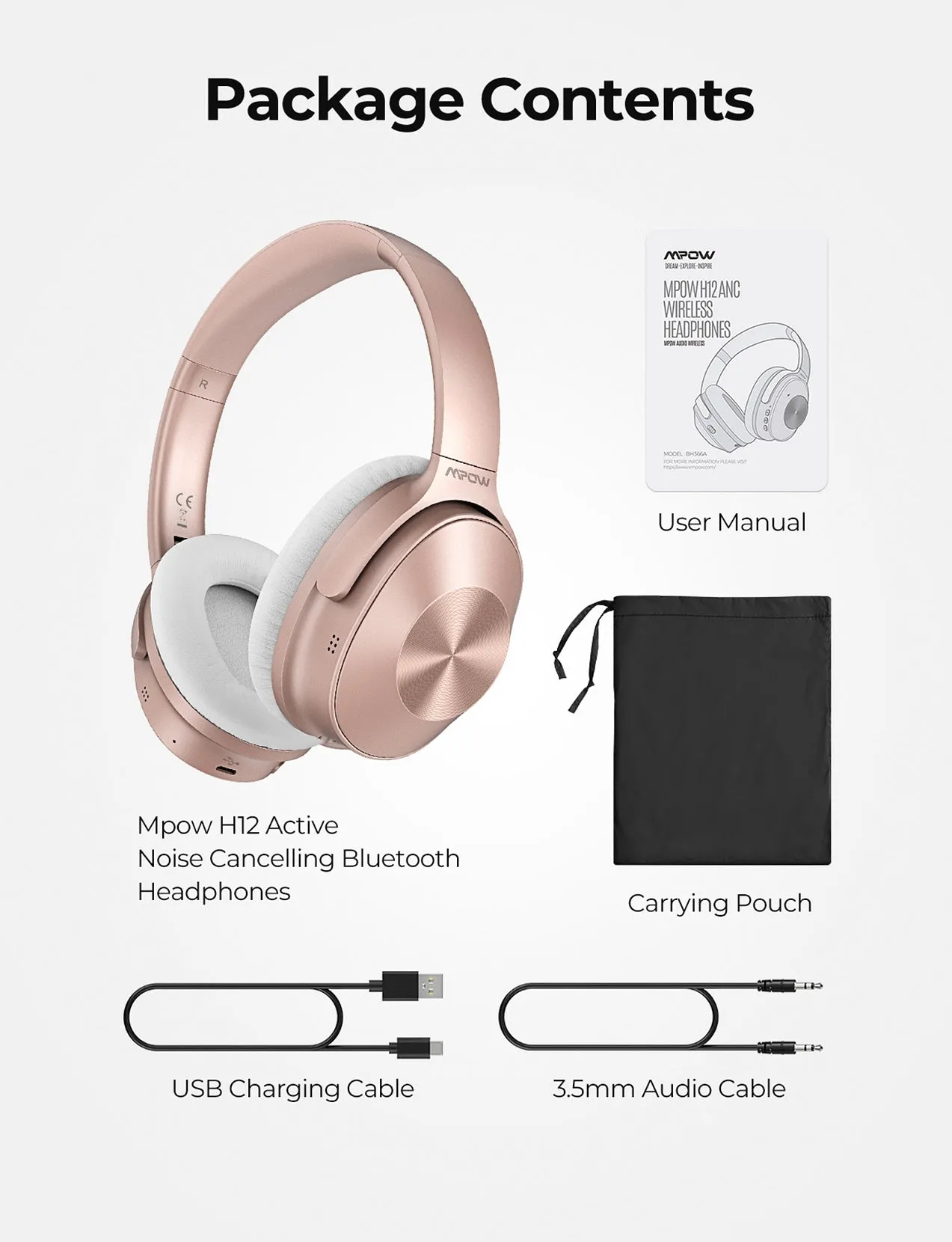 Mpow H12 Noise Cancelling Headphones (Rose Pink)