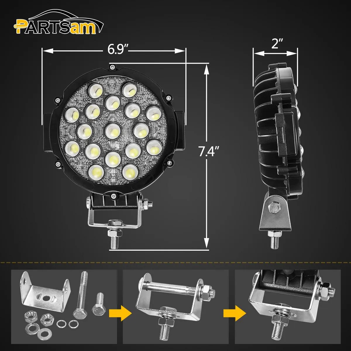 Partsam 2 PACK 7" LED Offroad Pod Lights Bar 51W 5100LM with Mounting Bracket Black Round Spot Bumper Light Pod Driving Lamp Headlight Fog Light for Offroader Truck Car ATV SUV Jeep Camping Hunters