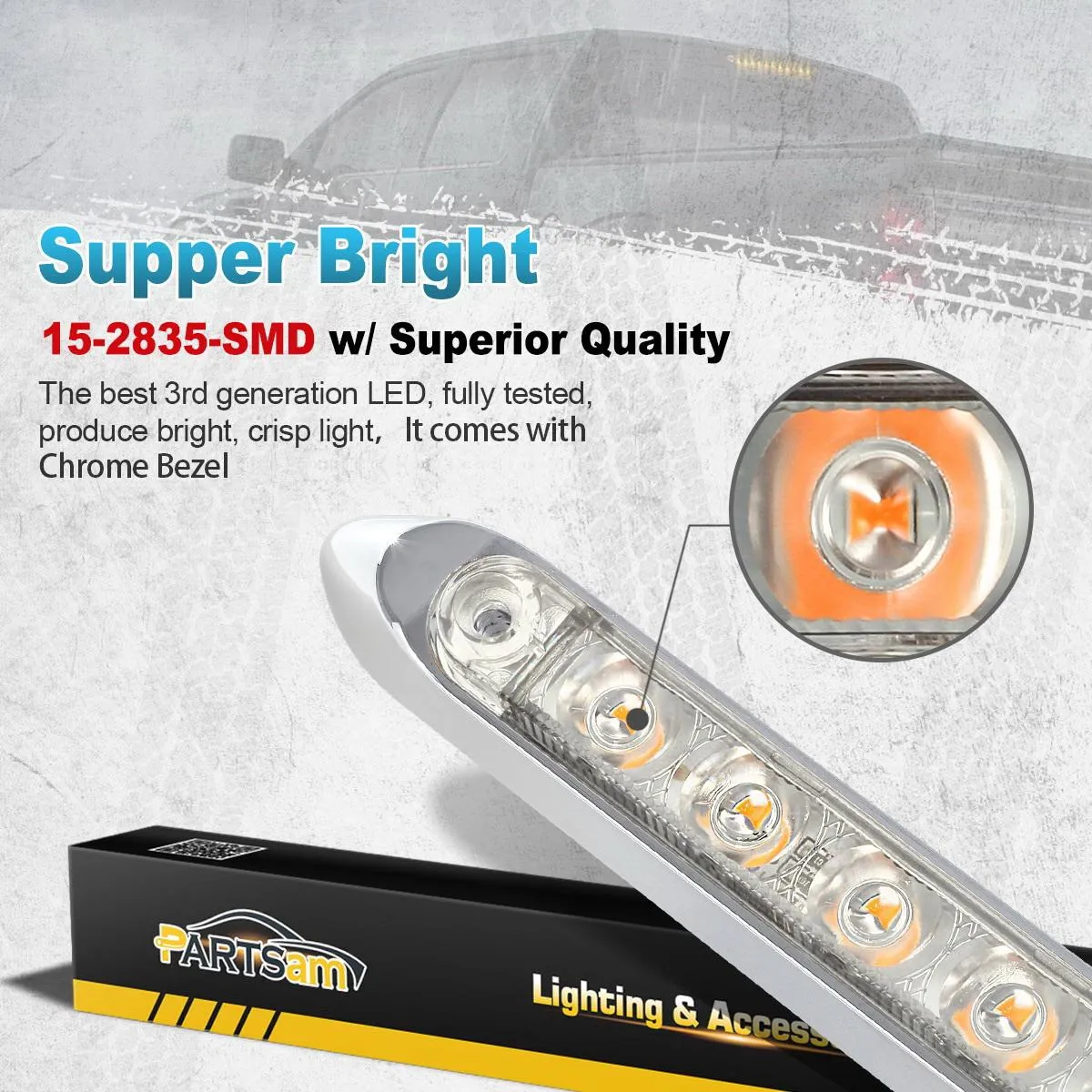 Partsam 2Pcs 12inch Amber Led LED Trailer Light Bar 15-2835-SMD Clear Lens with Chrome Bezel Sealed Thin LED Turn Signal Marker Identification Light Bar for Trucks Trailers RV Surface Mount