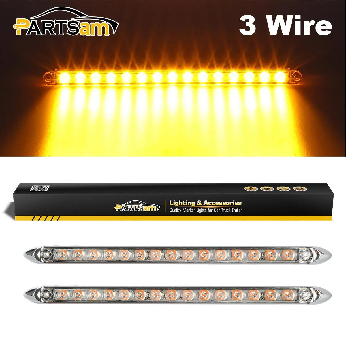 Partsam 2Pcs 12inch Amber Led LED Trailer Light Bar 15-2835-SMD Clear Lens with Chrome Bezel Sealed Thin LED Turn Signal Marker Identification Light Bar for Trucks Trailers RV Surface Mount