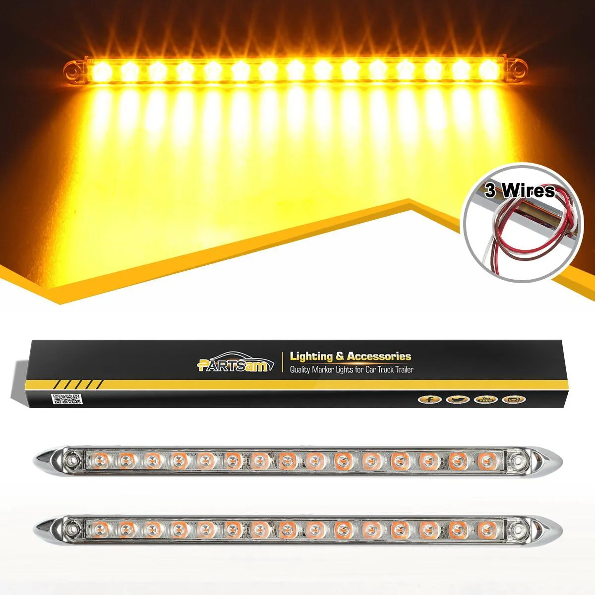 Partsam 2Pcs 12inch Amber Led LED Trailer Light Bar 15-2835-SMD Clear Lens with Chrome Bezel Sealed Thin LED Turn Signal Marker Identification Light Bar for Trucks Trailers RV Surface Mount