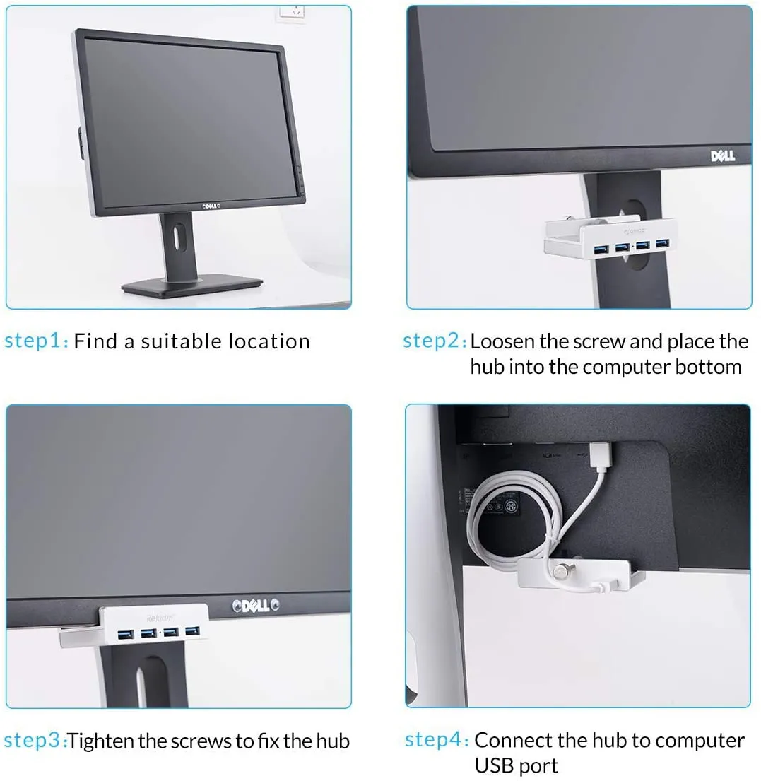 Rekidm USB Hub 3.0 - 4 Port Aluminum USB 3.0 Hub Clamp Design for Desktop, Computer, PC, Table Edge with Durable Adjustable Clip, Compact Space-Saving