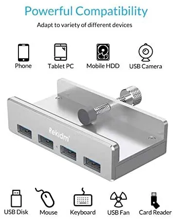 Rekidm USB Hub 3.0 - 4 Port Aluminum USB 3.0 Hub Clamp Design for Desktop, Computer, PC, Table Edge with Durable Adjustable Clip, Compact Space-Saving