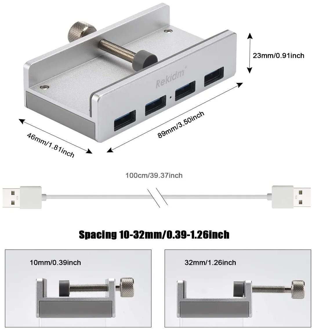 Rekidm USB Hub 3.0 - 4 Port Aluminum USB 3.0 Hub Clamp Design for Desktop, Computer, PC, Table Edge with Durable Adjustable Clip, Compact Space-Saving