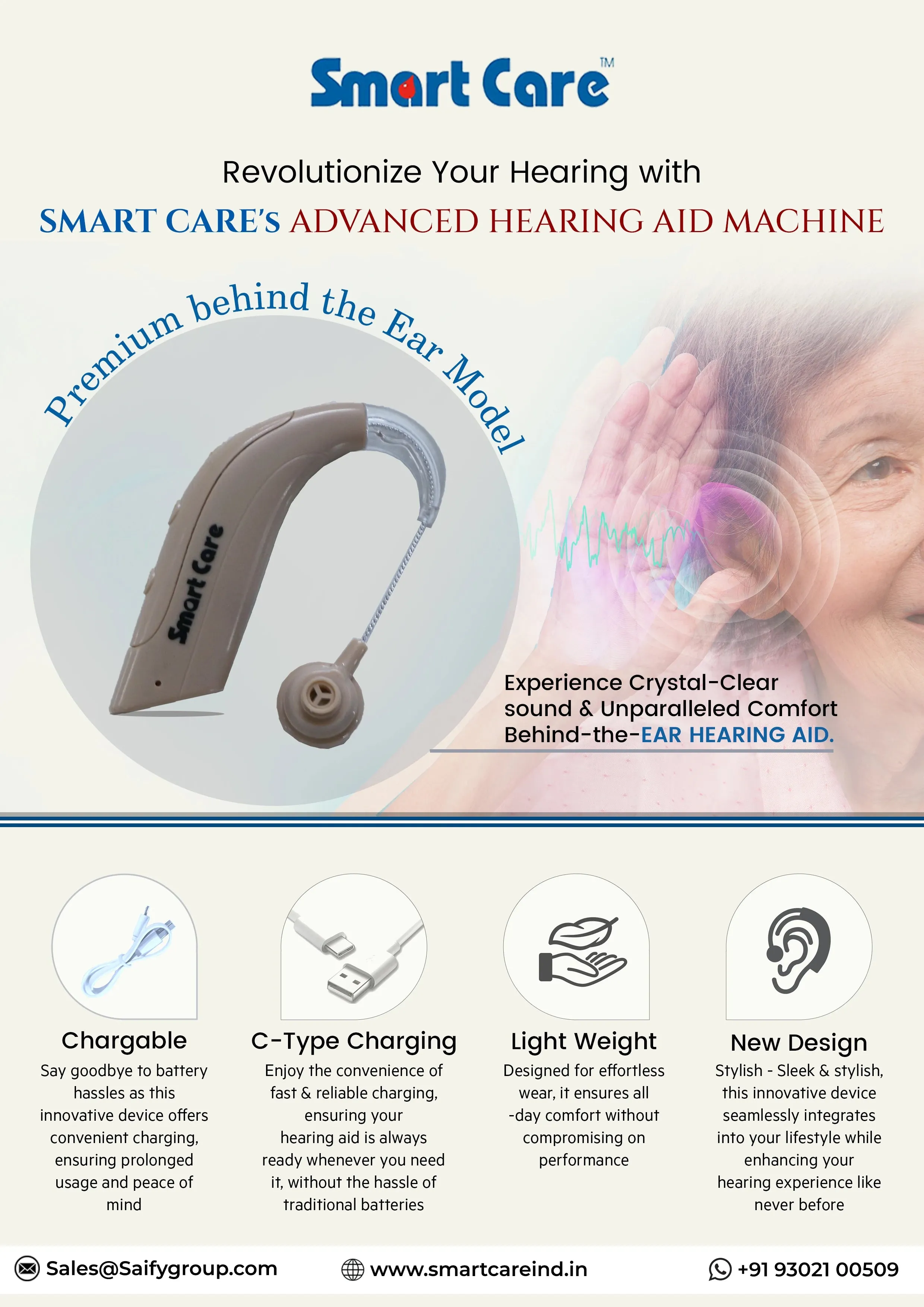 Smartcare Hearing Aid SC-711 | Premium Behind The Ear (BTE) Hearing Aid