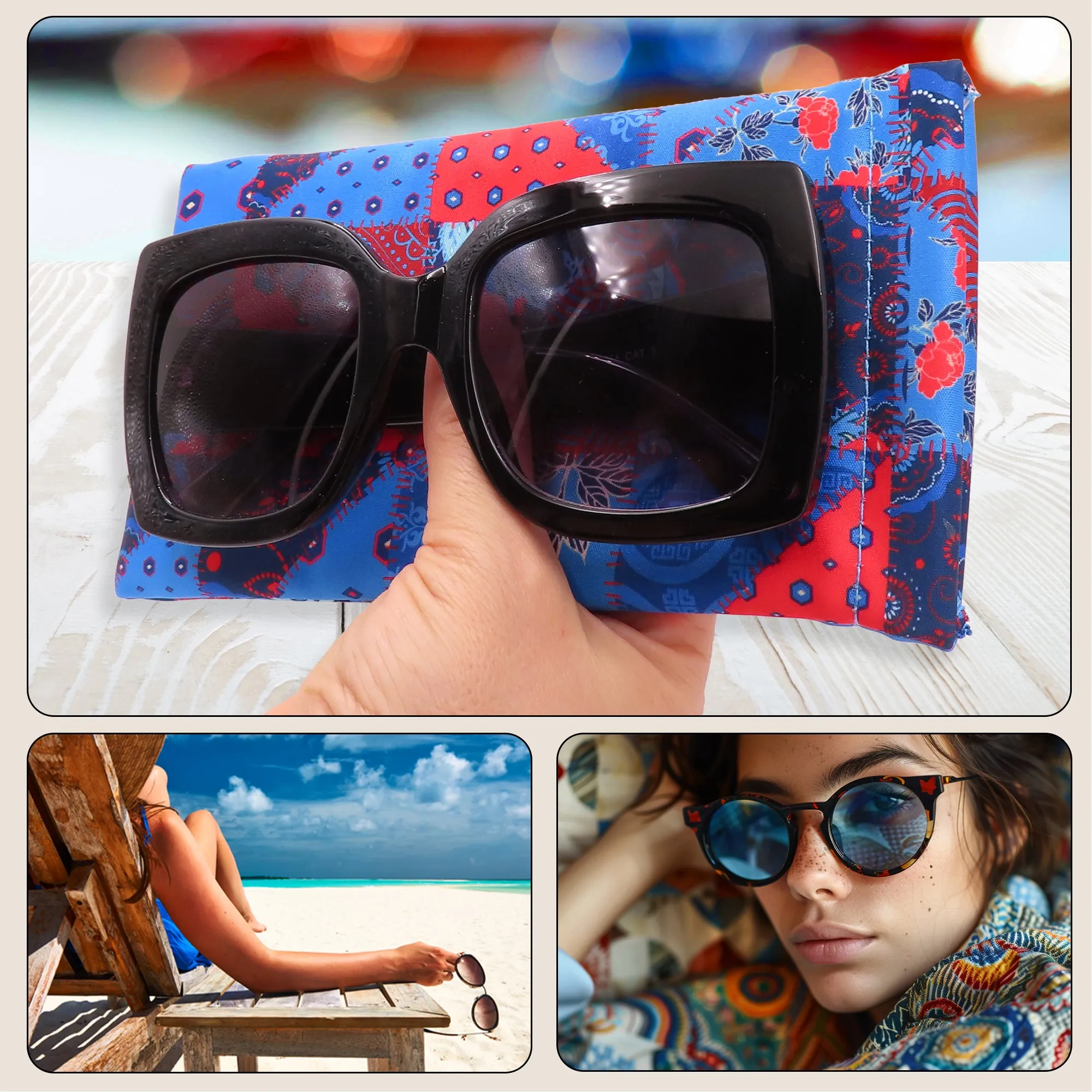 Soft Sunglasses Case | Large Eyeglass Pouch in Microfiber Print | Smart Phone Passport Holder Pouch | Earbud / Phone Charge (CT8 Patchwork)