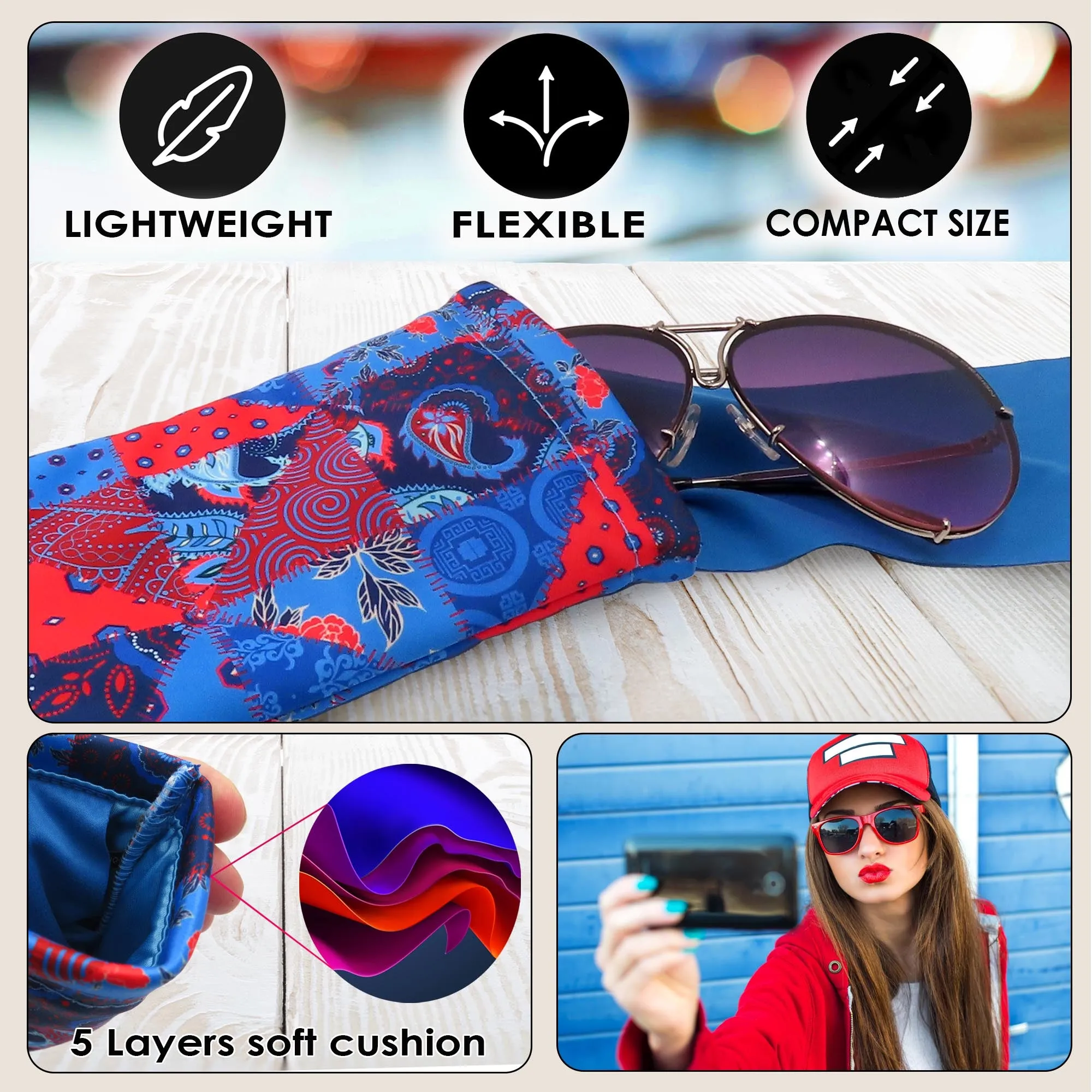 Soft Sunglasses Case | Large Eyeglass Pouch in Microfiber Print | Smart Phone Passport Holder Pouch | Earbud / Phone Charge (CT8 Patchwork)